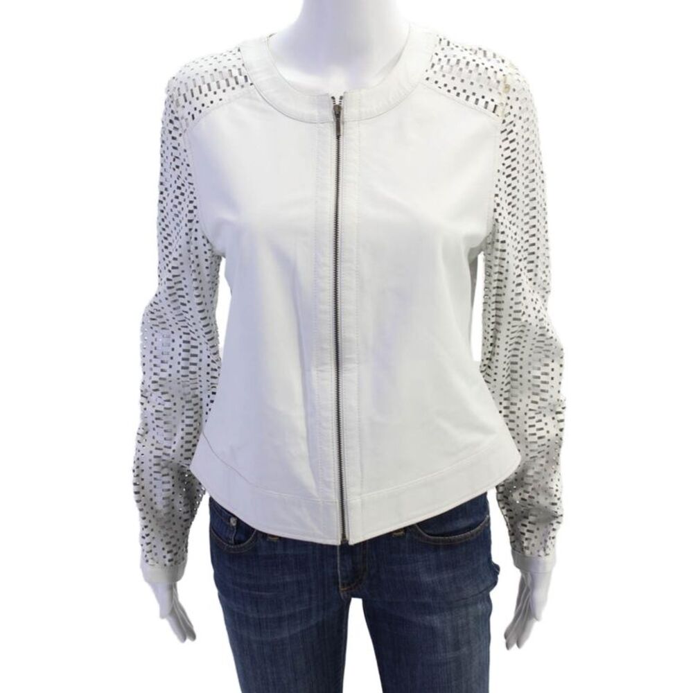 In Transit 2 Womens Leather Laser Cut Crew Neck Zip Up Jacket White Size Large